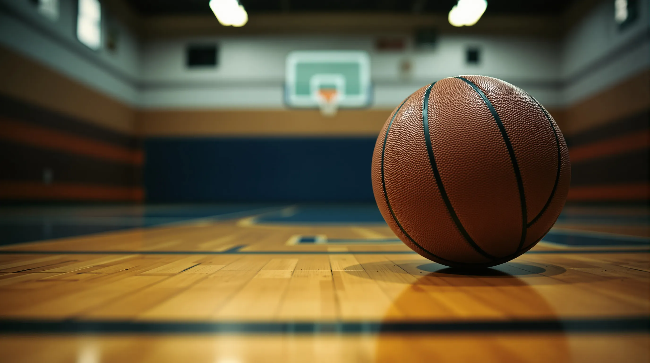 Un ballon de basket posé sur le parquet d'un gymnase