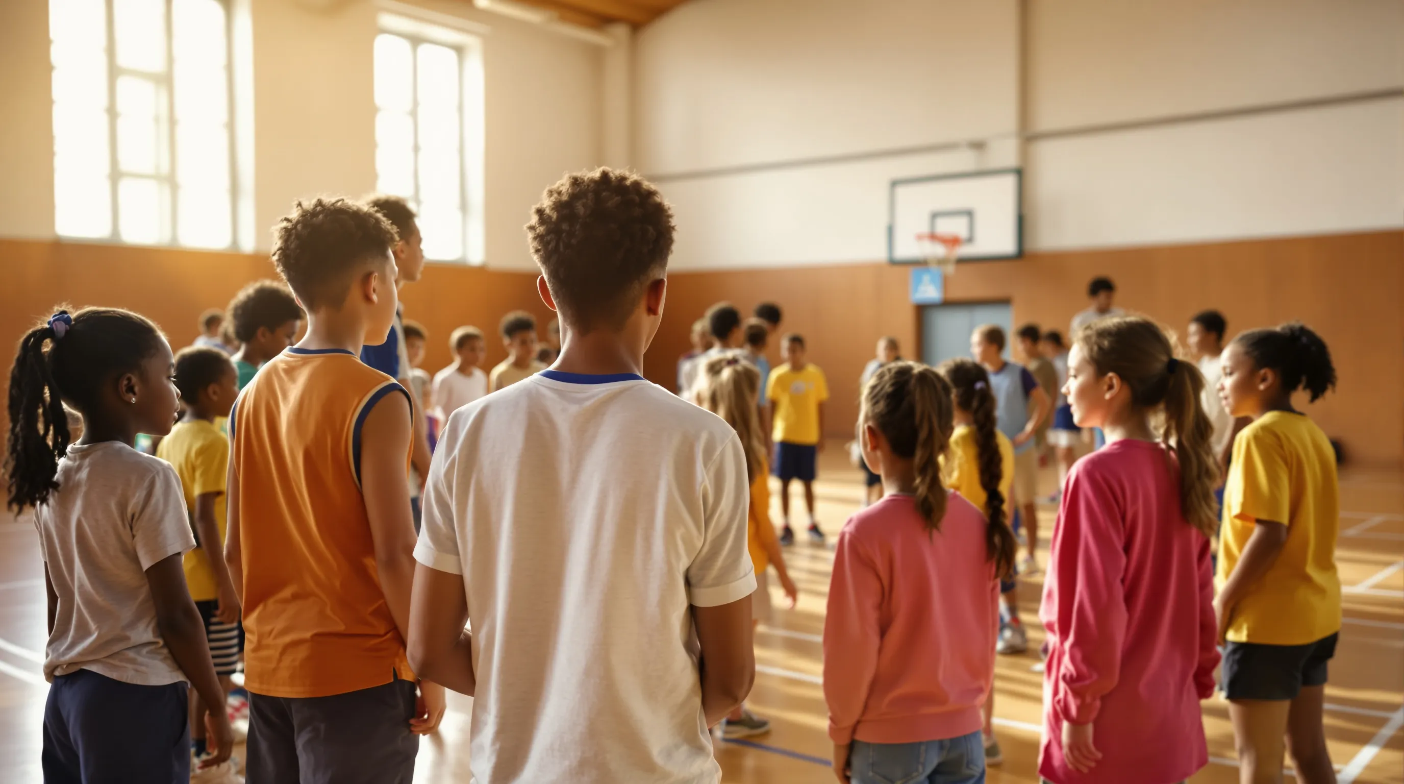 Un groupe de jeunes joueurs rassemblés autour de leur coach dans un gymnase